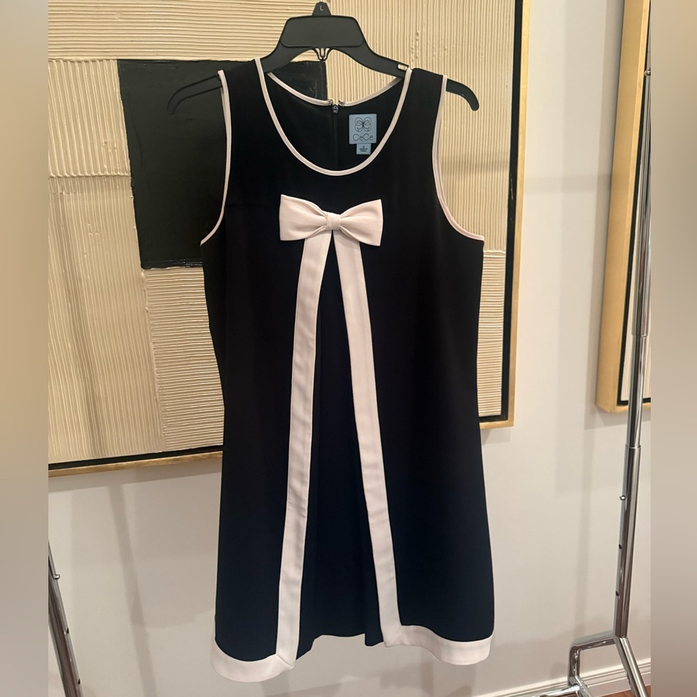 CeCe Black Dress with Cream Accent Trim & Piping and Bow in Front